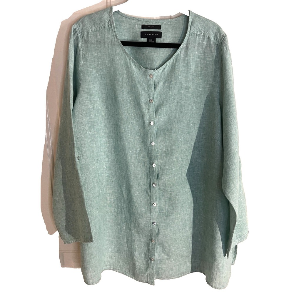 Tahari 100% Linen Green Collarless Button-up Roll-Tab Sleeve Tunic Top Womens 2X